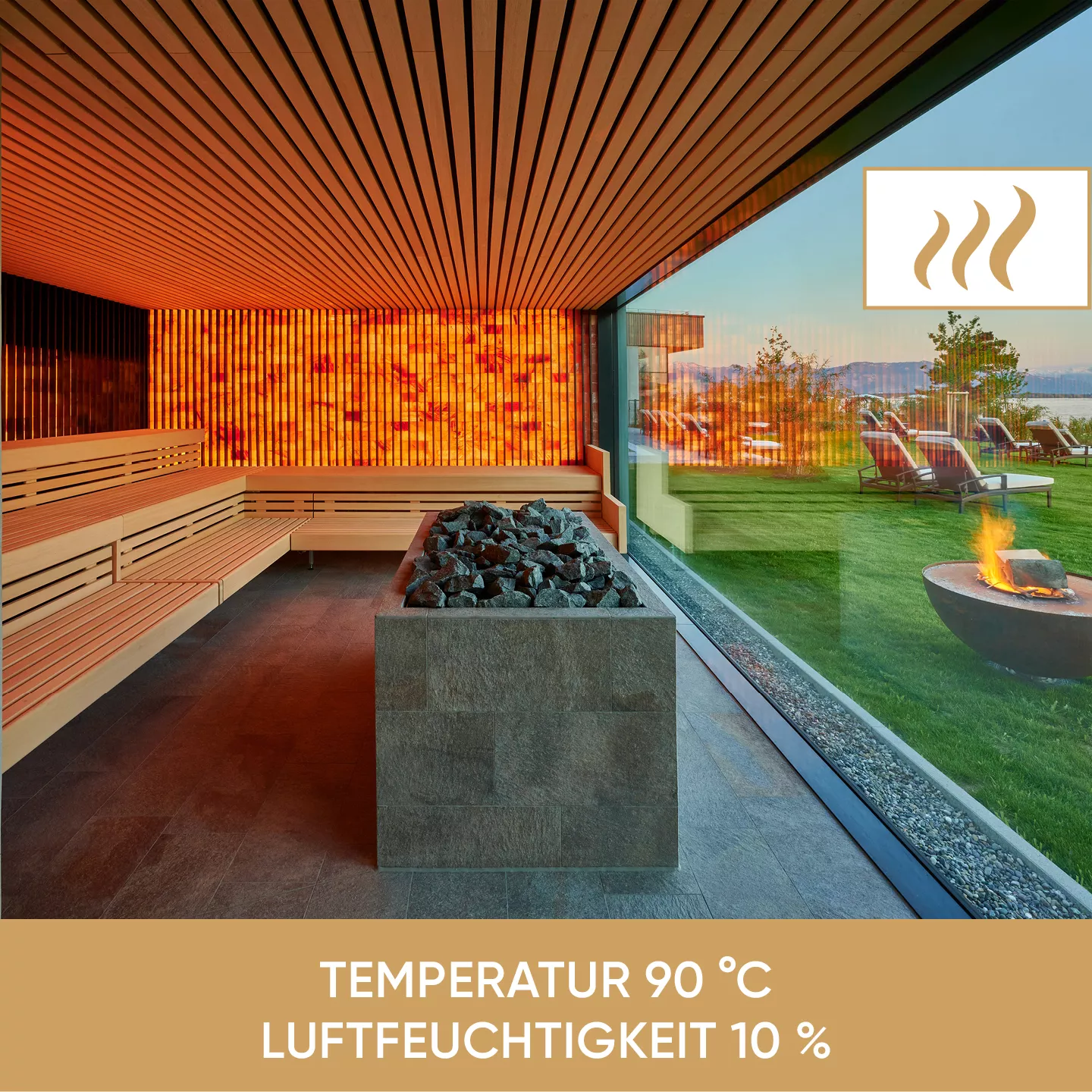 Feuersauna Temperatur 90 °C / Luftfeuchtigkeit 10 %