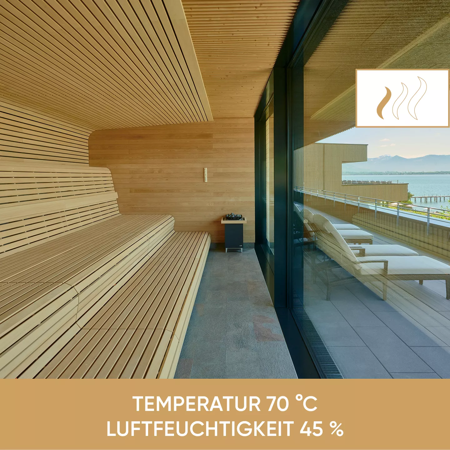 Meditationssauna Temperatur 70 °C / Luftfeuchtigkeit 45 %